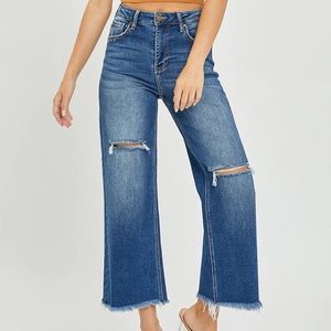 Risen high rise frayed ankle wide leg cropped distressed jeans